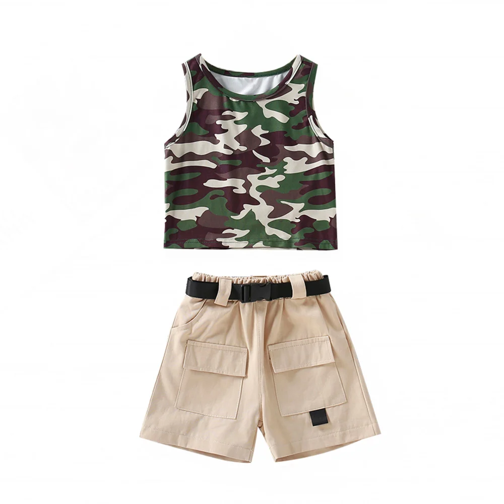 Boys Clothes Set, Army Green Sleeveless Tops, Shorts and Waistband