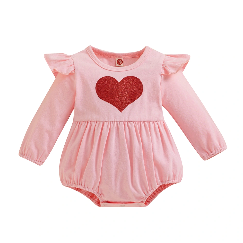 Baby Girls Autumn Pink Long Sleeve O Neck Ruffle Heart Print Playsuit