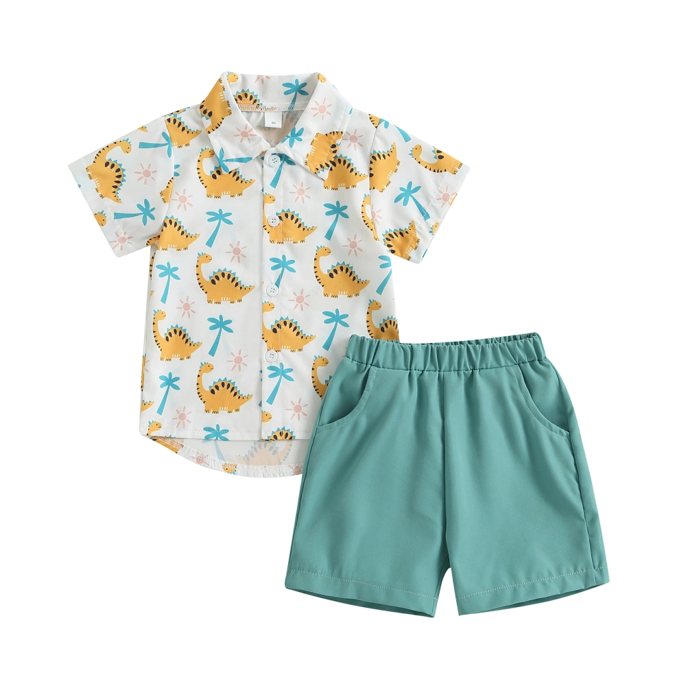 2Pcs Kids Boys Beach Outfits, Dinosaur Print Button Shirt + Shorts Set