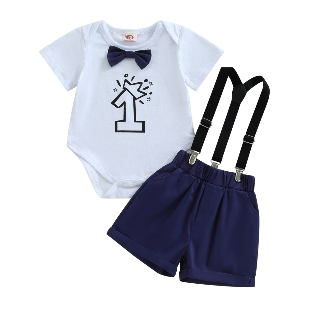 Baby Boys Shorts Set, Number Print Romper with Solid Overall Shorts Summer Outfit