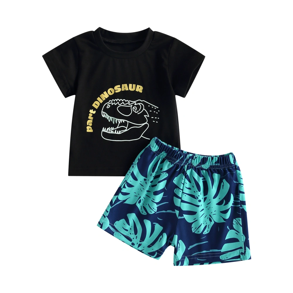 Kids Boys Shorts Set, Short Sleeve Dinosaur T-shirt + Leaves Shorts