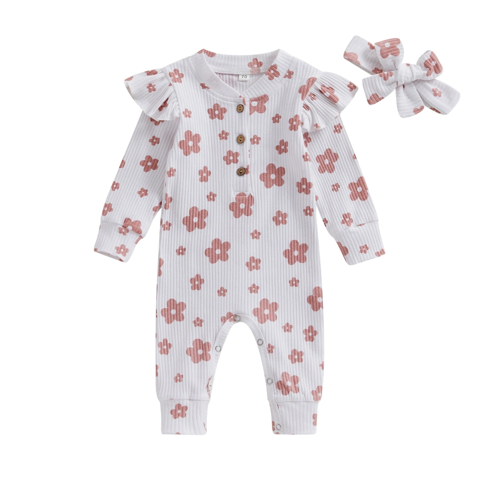 Baby Girls 2 Piece Outfits Floral Print Ribbed Romper and Headband