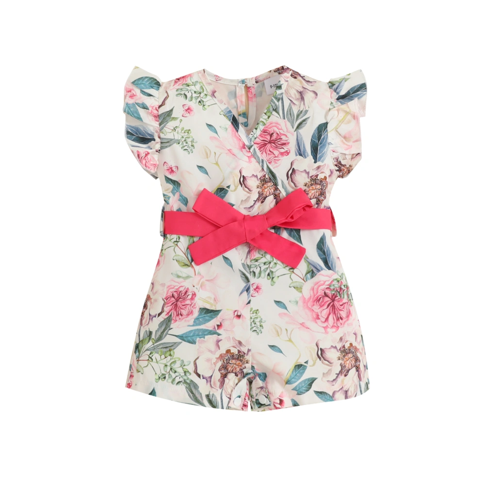 Baby Girls Romper Floral Print V-Neck Fly Sleeve Playsuits with Belt