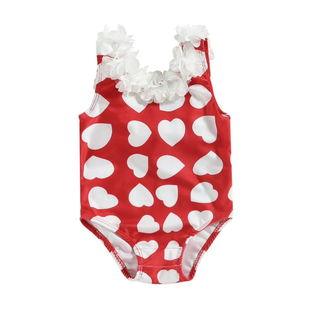 Toddler Girls Sleeveless Heart Print 3D Flower Decor Bathing Suit