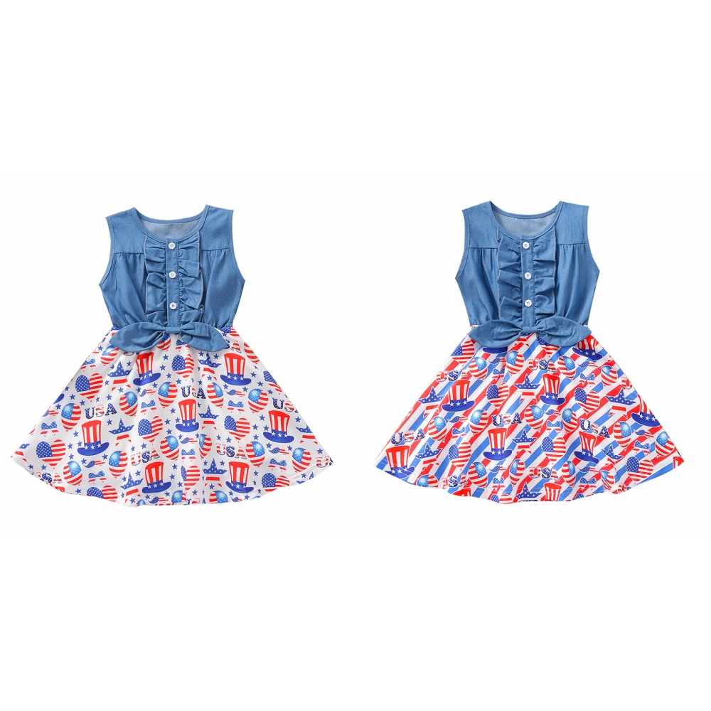 Girl’s Independence Day Print Denim Stitching Sleeveless A-line Dress