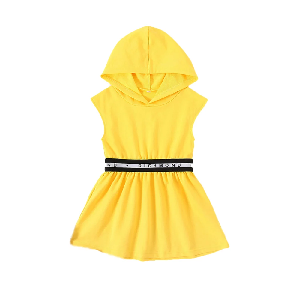 Baby Girls Sleeveless Hooded Dress, Letter Print Elastic Waist Dress