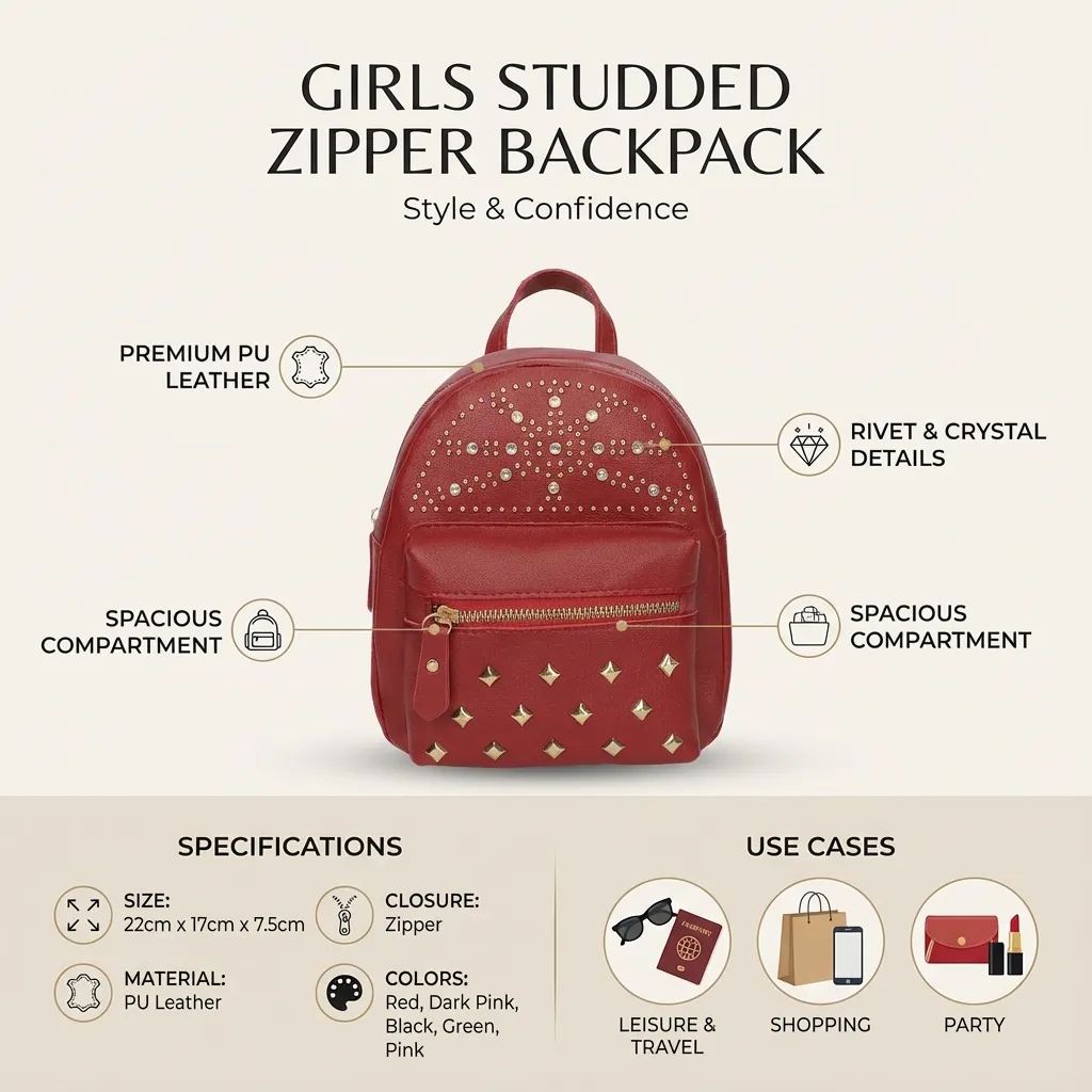 Girls Zipper Backpack, Solid Color Rivet Decoration Casual Bag