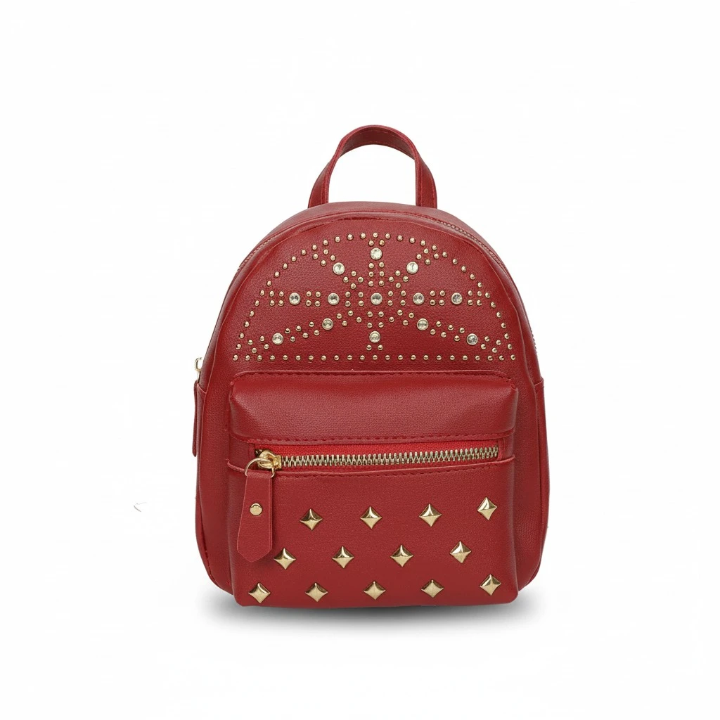 Girls Zipper Backpack, Solid Color Rivet Decoration Casual Bag