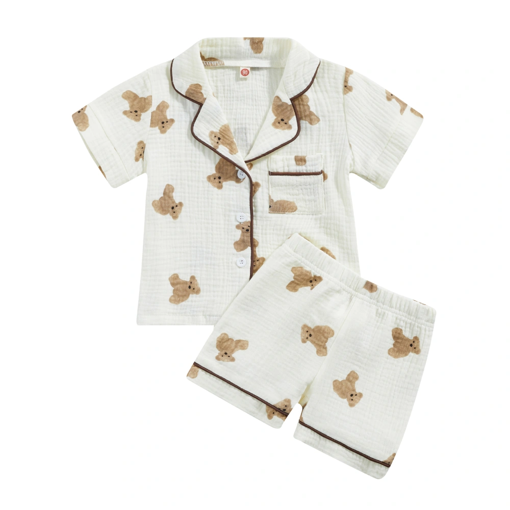 Kids Sleepwear Loungewear Bear Print Button T-shirt and Elastic Shorts