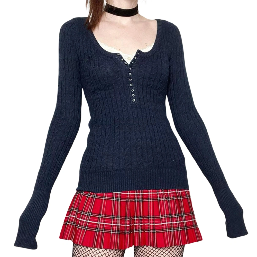 Women Knitted Sweater Slim Fit Long Sleeves 1/2 Button Pullover Tops