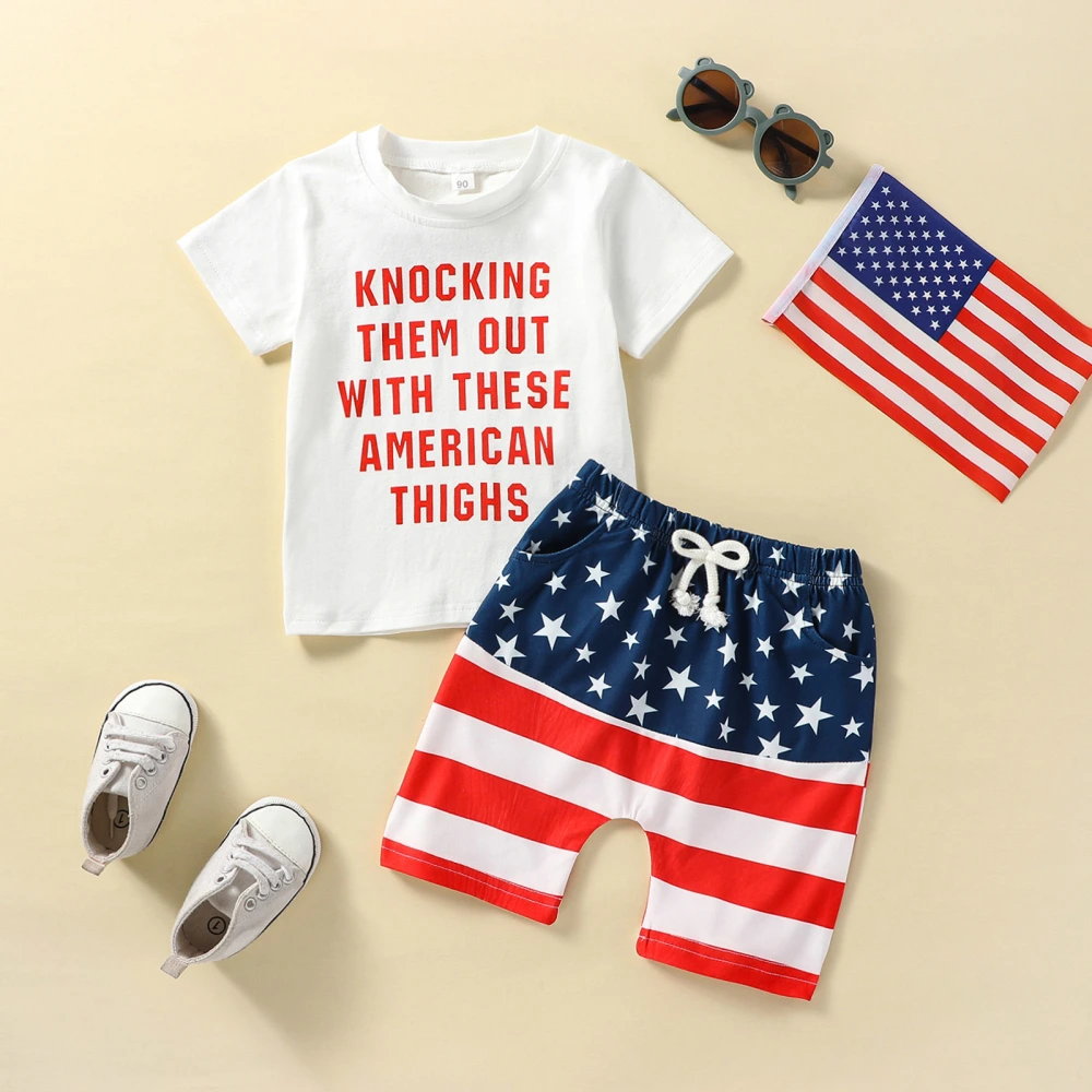 Toddler Boys White Short Sleeve Tops + Stars Striped Patchwork Shorts