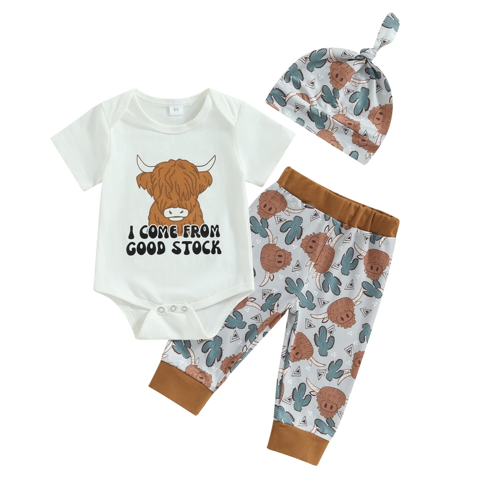 Infant Boy Summer Clothes Suits Romper Print Pants Hat 3Pcs Set