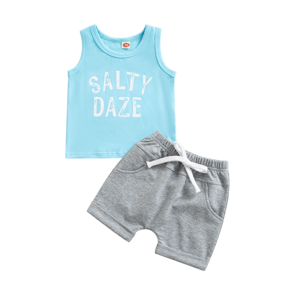 Boy Letter Print Round Neck Tank Tops + Solid Color Drawstring Shorts