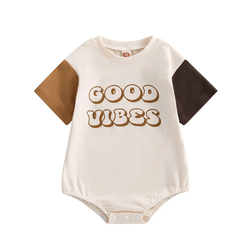 Baby Boy Romper, Short Sleeve Letters Print Contrast Color Bodysuit