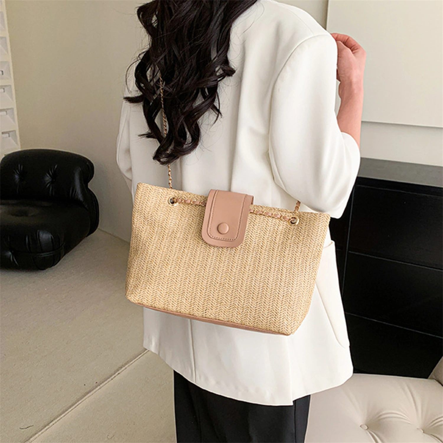 Women Large Straw Tote Purse Summer Flap Shoulder Bag Woven Handbag