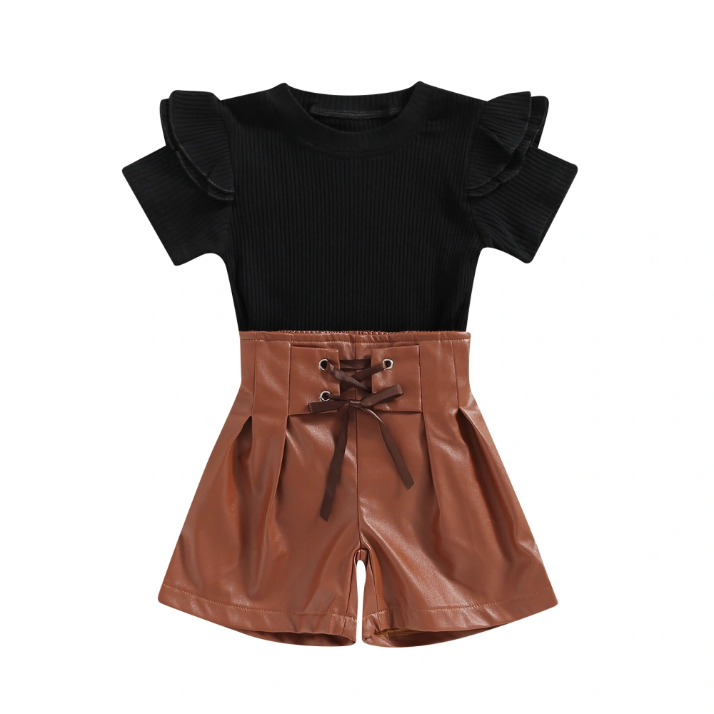 Kids Girls Shorts Set, Short Sleeve T-shirt + Lacing PU Leather Shorts