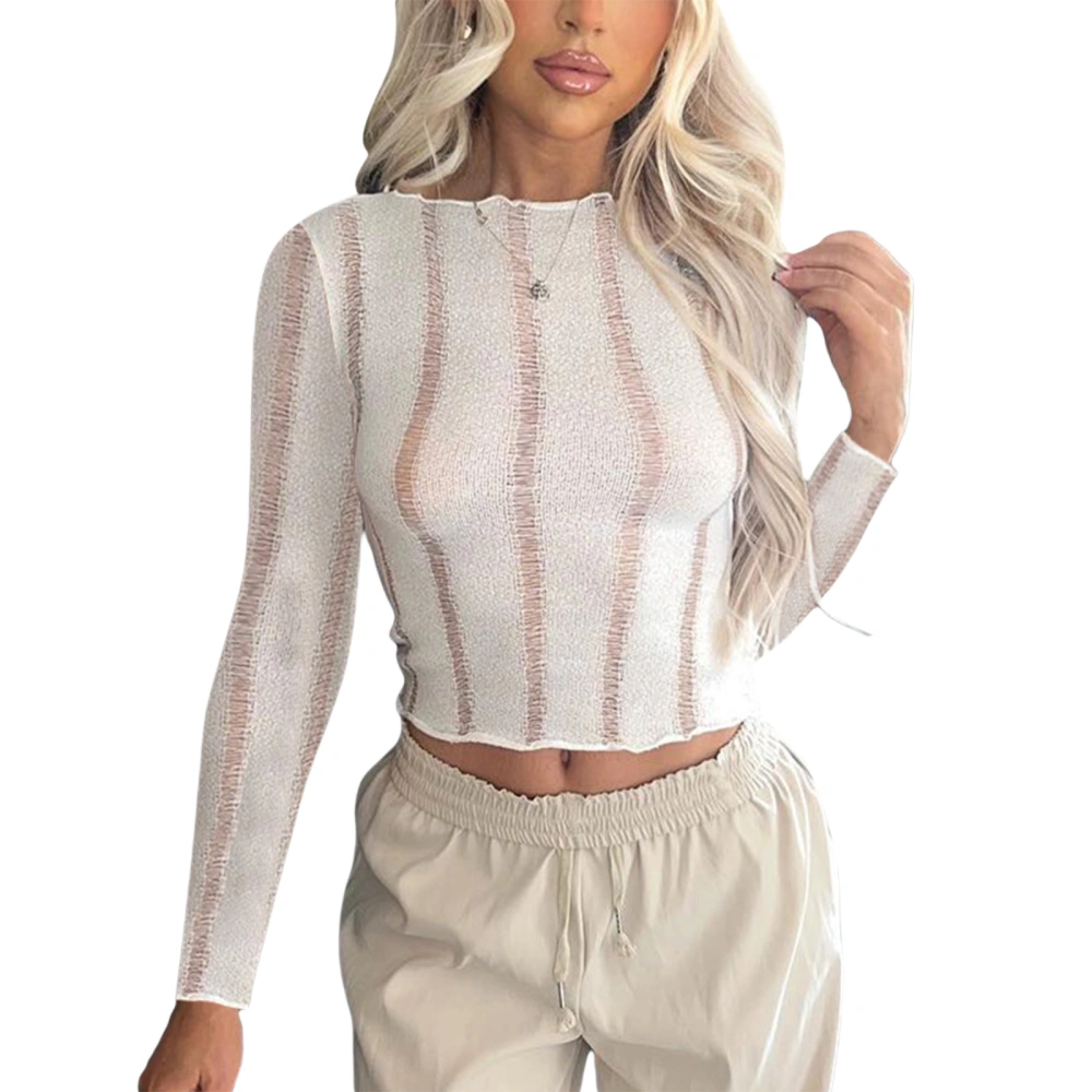 Women's Knit Slim Crop Tops, Solid Long Sleeve Sheer Hollow T-Shirts