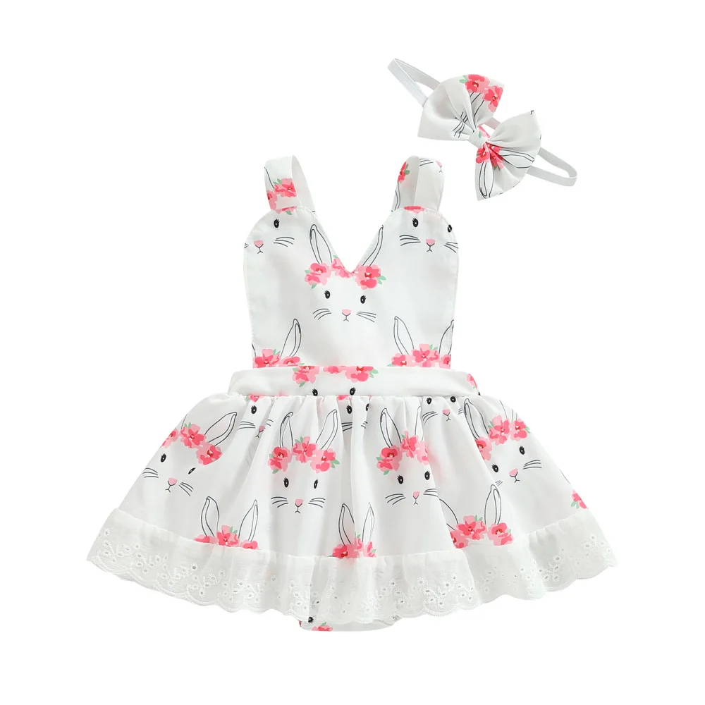 Easter Infant Romper Dress Rabbit Print Baby Bodysuits with Headwear