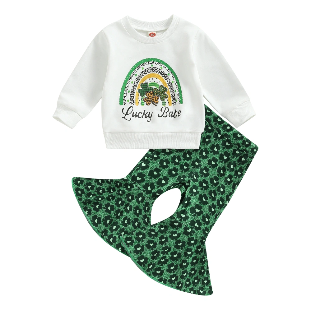 Girls Clothes Set Letter Green Clover Print Sweatshirts Flare Pants