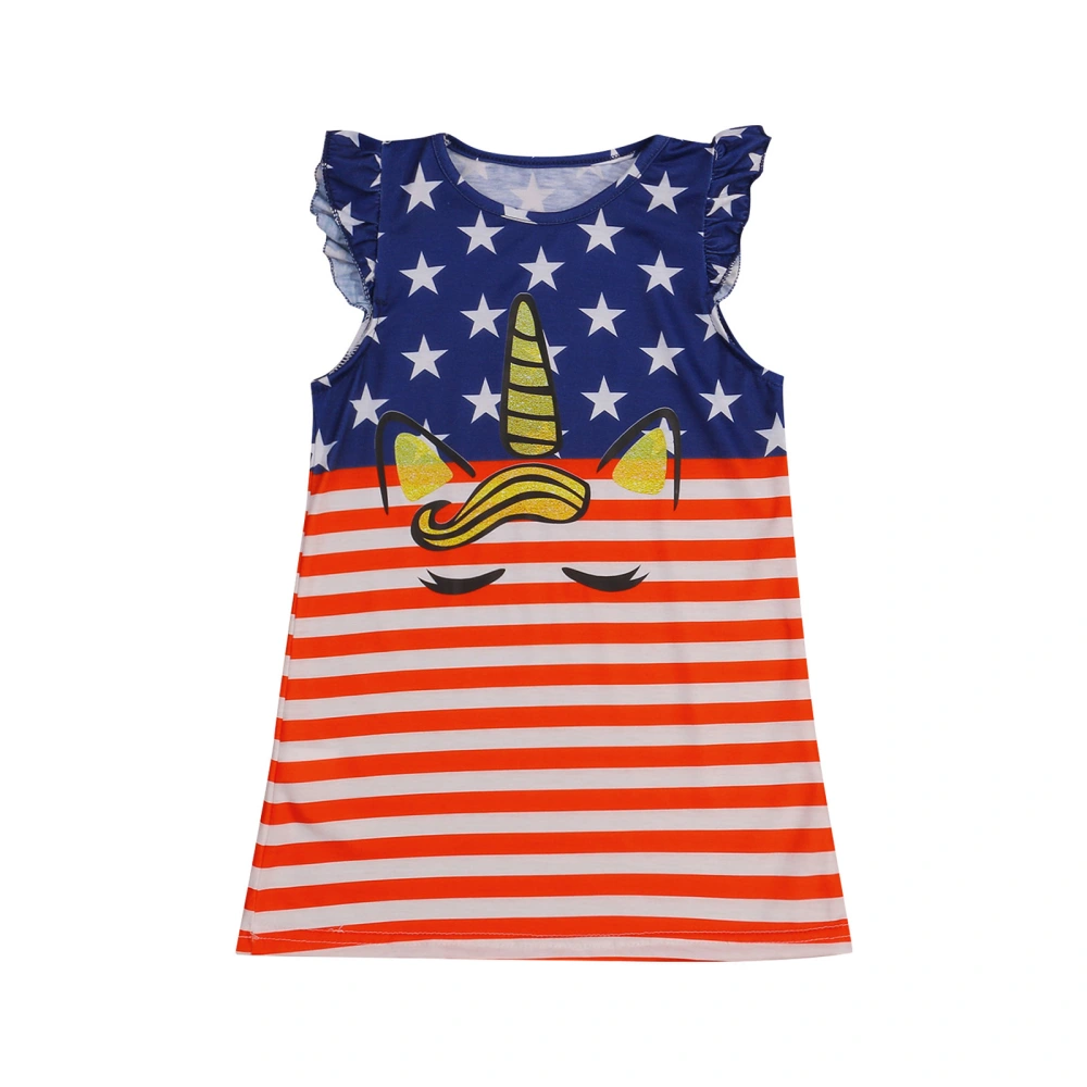 Kids Independence Day Dress, Star Stripe Print Flying Sleeves Skirt