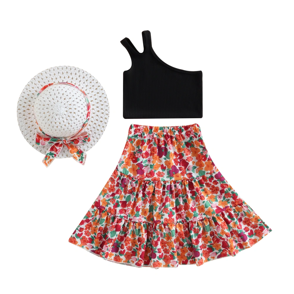 Toddler Girls Summer Outfit Sets Solid Color Sleeveless One Shoulder Tops + Floral Skirt + Hat