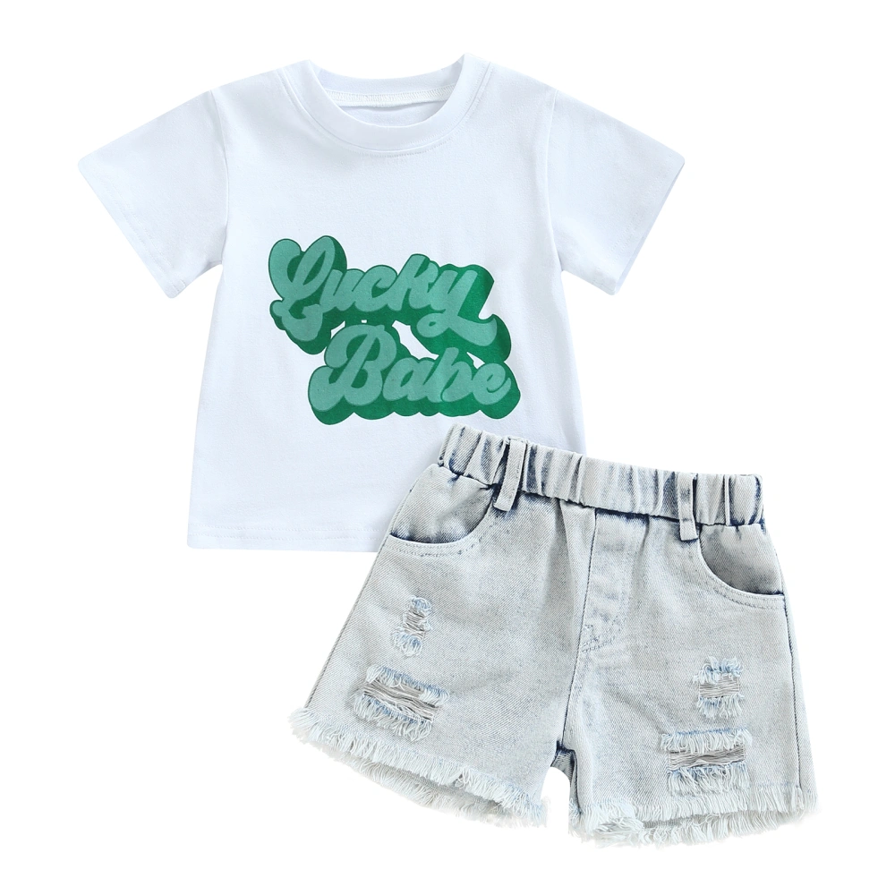 Kids Summer Outfits Letter Print T-shirt and Ripped Denim Shorts