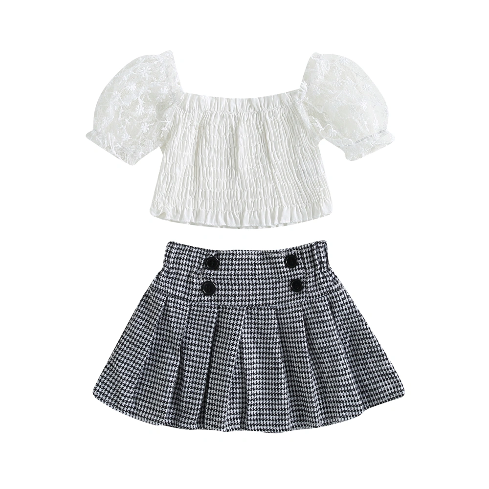 Girls White Short Puff Sleeve Lace Tops + Houndstooth Print Skirt