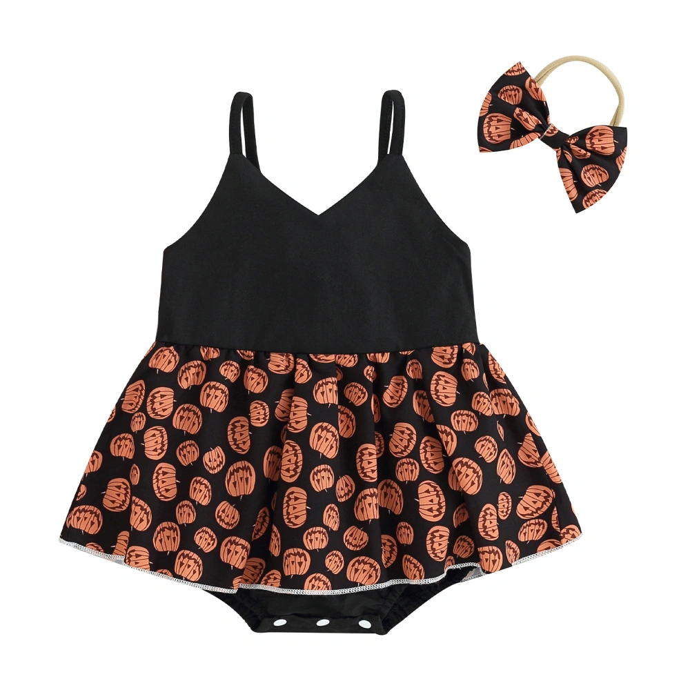 Girls Halloween Romper Dress Pumpkin Pattern Jumpsuit + Headband