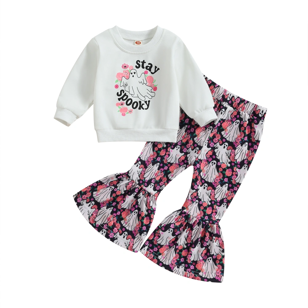 Girls Halloween Pants Set, Letters Print Sweatshirt Ghost Flower Pants