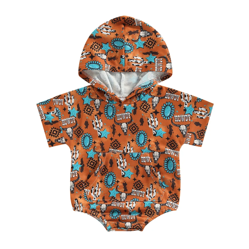 Boys Hooded Jumpsuit Bull Head Print Short Sleeve Romper with Pockets 