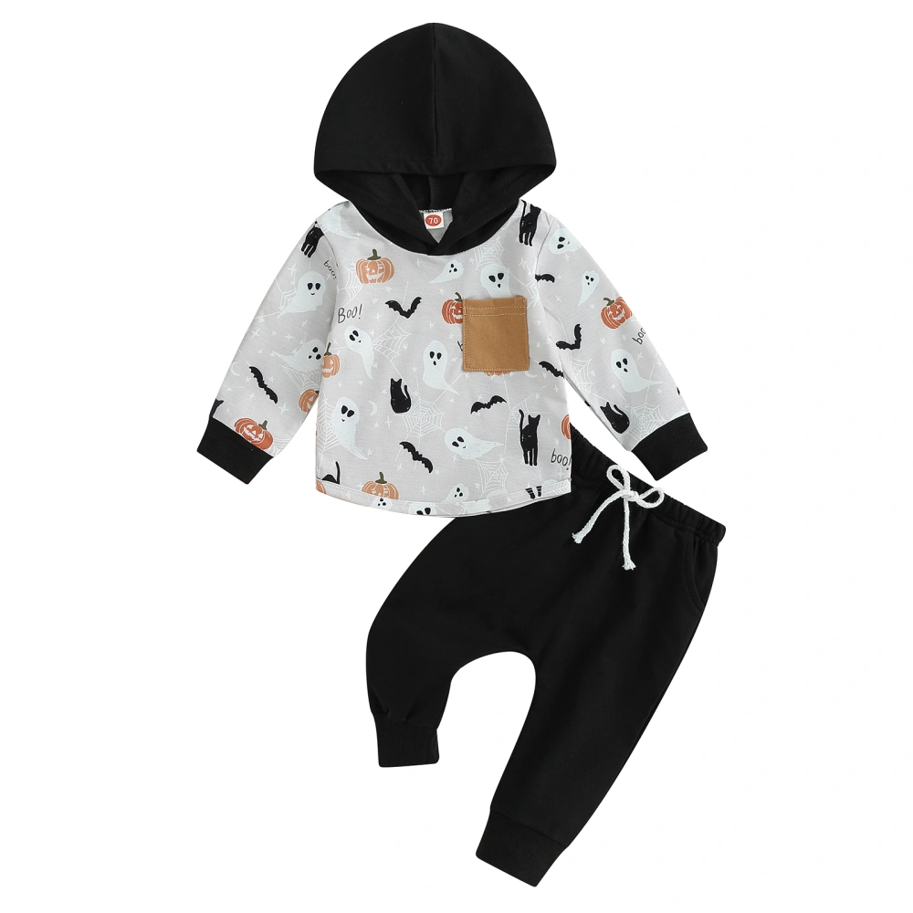 Boys Halloween Pants Set Ghost Bat Pumpkin Print Hoodie Sweatpants