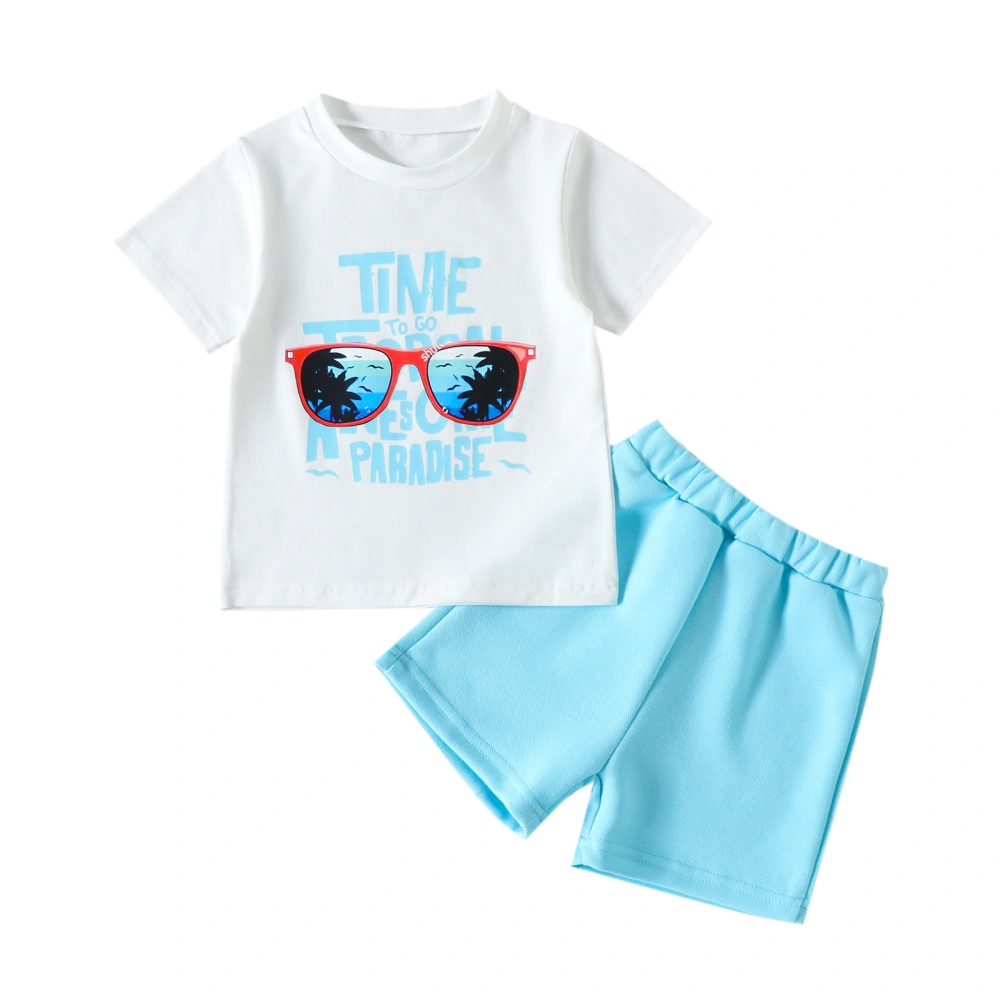 Kids Boys Summer Outfits Letter Glasses Print T-shirt and Beach Shorts