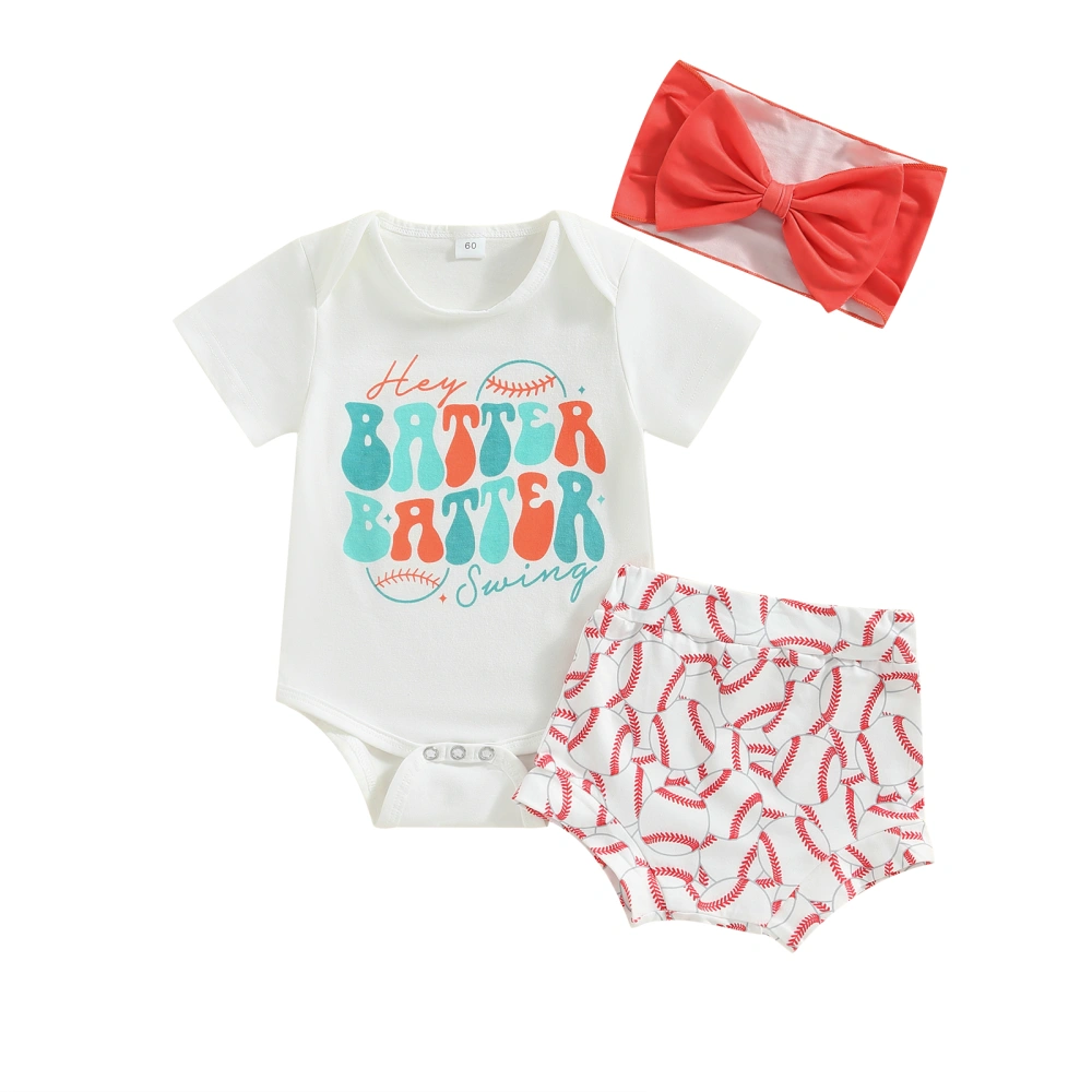 Baby Girls Shorts Set Letters Romper + Baseball Print Pants + Hairband