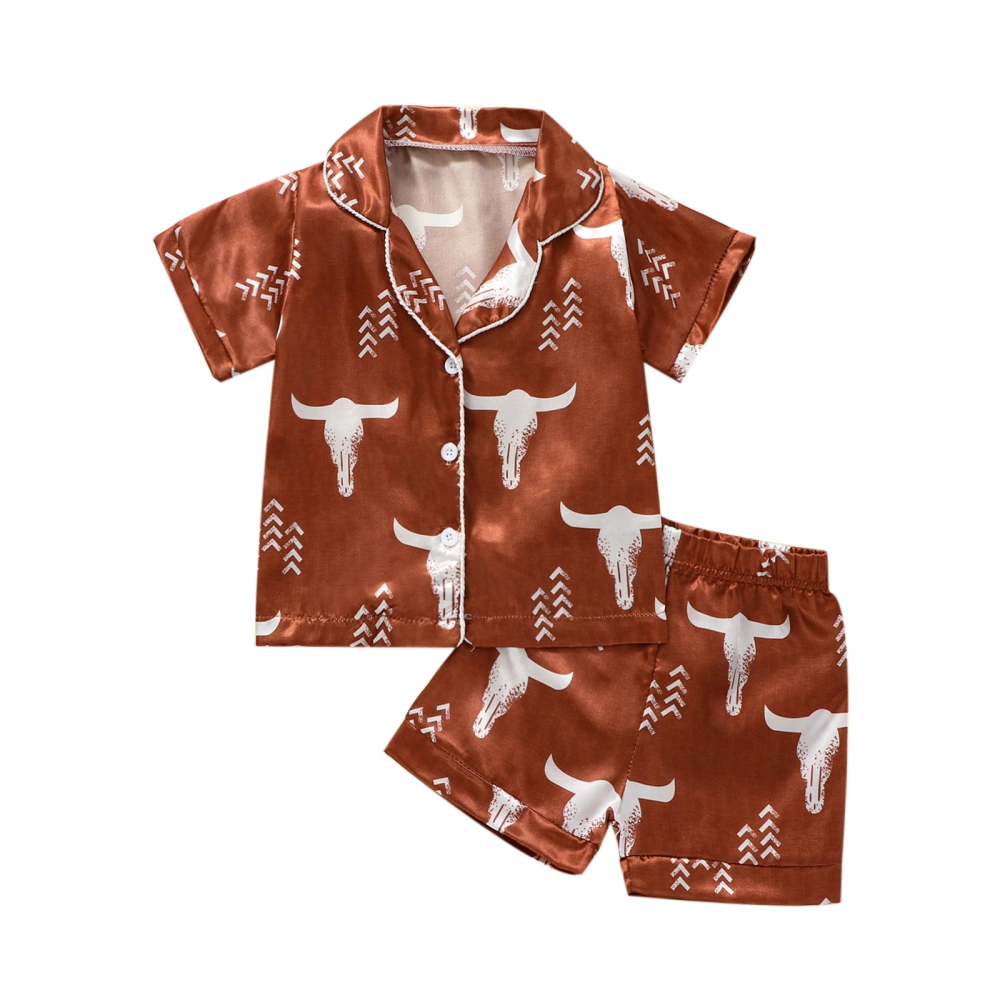 Kids Girls Summer Sleepwear Bull Head Print Button T-shirt and Shorts 