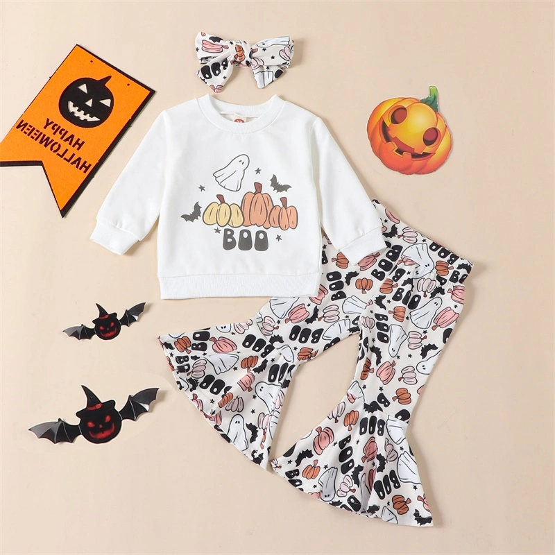 Girls Halloween Clothes Ghost Print Sweatshirt and Pants Headband