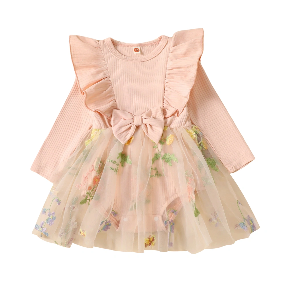 Baby Girls Romper Dress, Long Sleeve Embroidery Flower Tulle Bodysuit