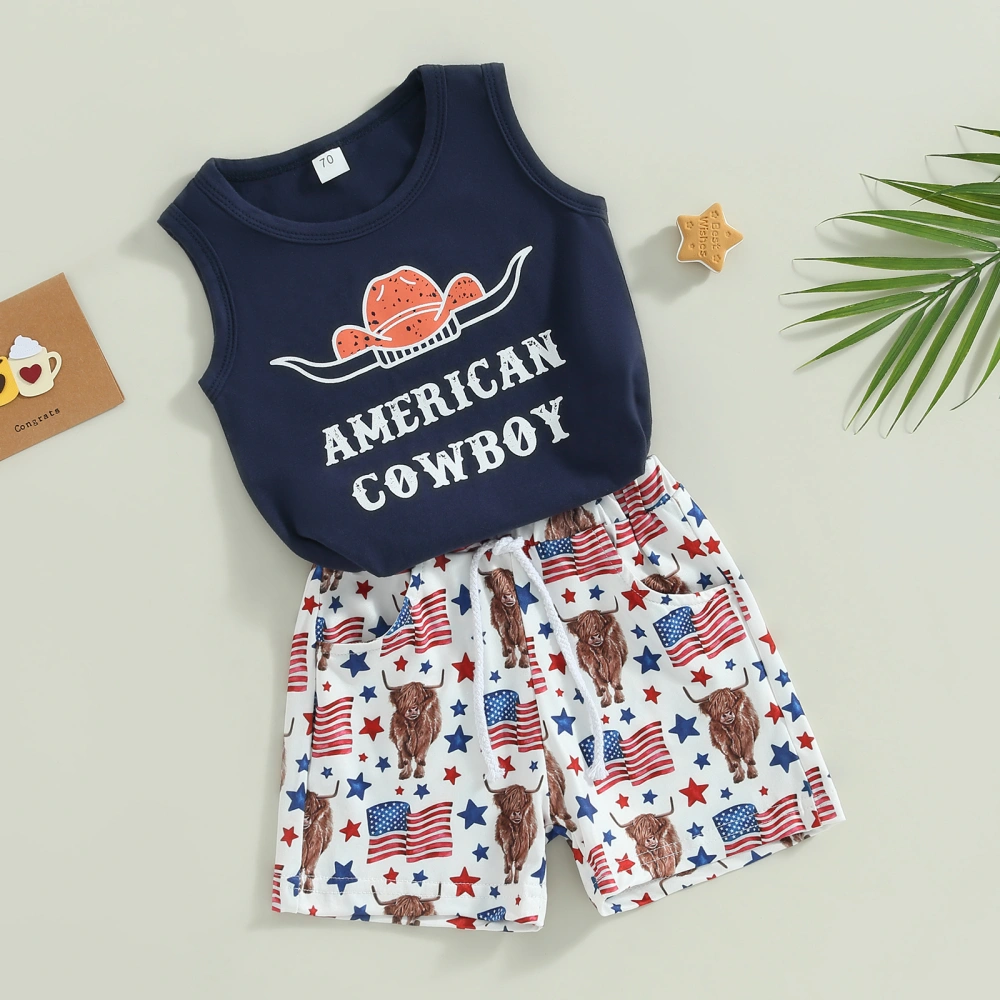 Baby Girl Sleeveless Letter Print Tank Tops + Cattle Head Print Shorts