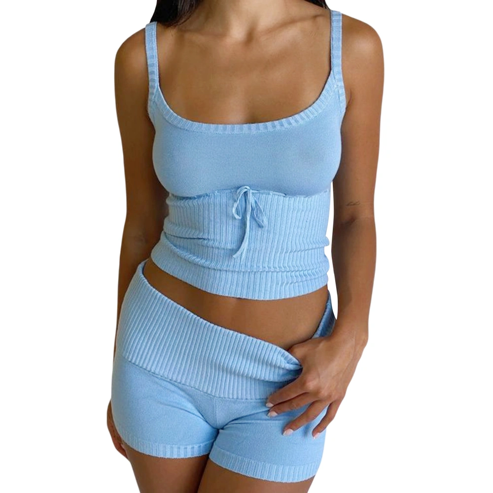 Women Knitted Shorts Set, Square Neck Lacing Camisole + Shorts