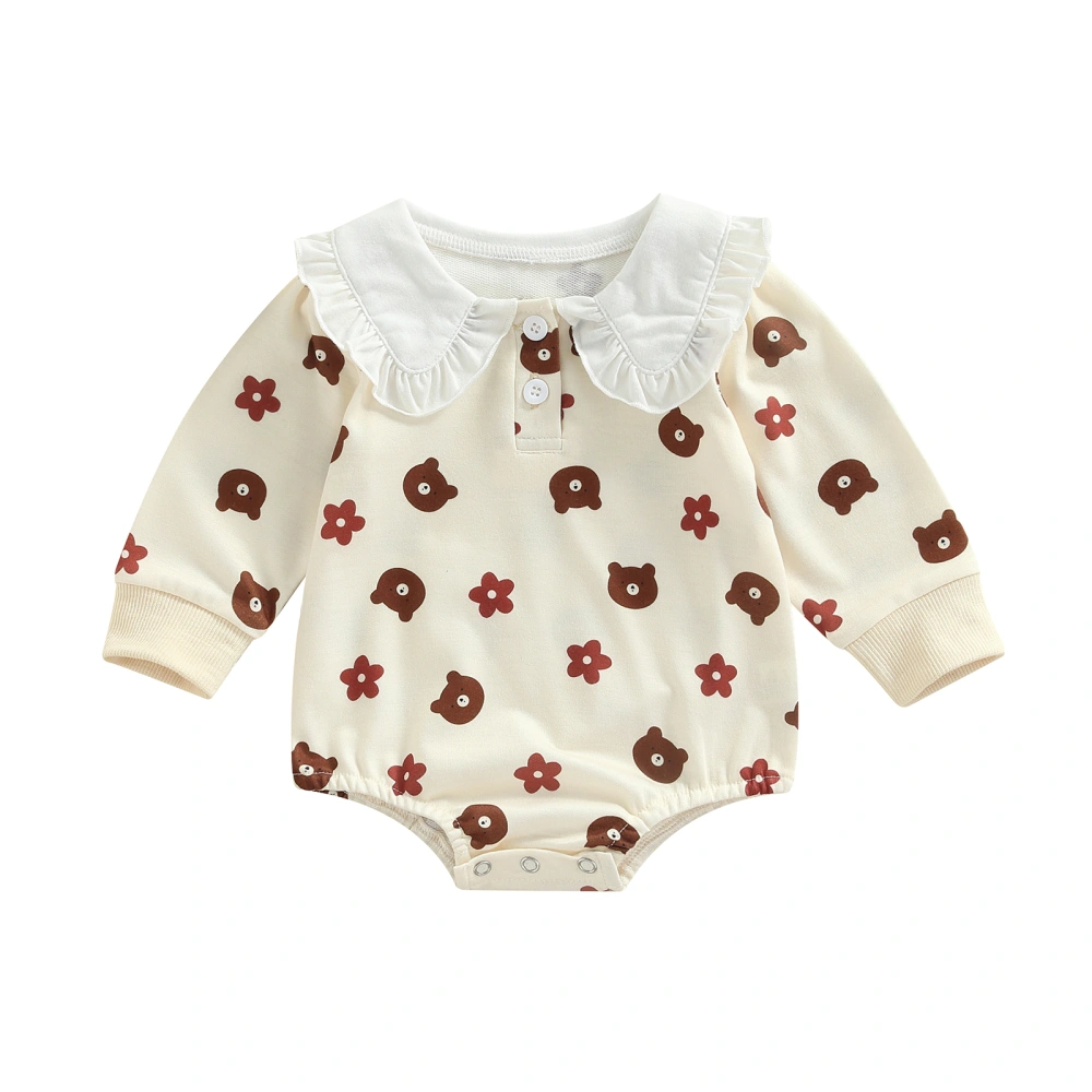 Baby Girl Long Sleeve Romper, Cartoon Bear Print Ruffles Bodysuit