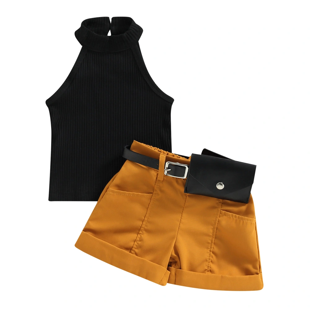 Girls Black Hanging Neck Tank Tops + Solid Color Shorts with Waist Bag