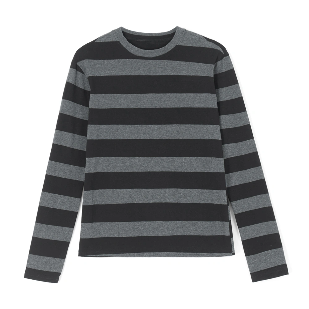 Women Knit Basic Shirt Autumn Grey Black Striped Long Sleeve Tops 