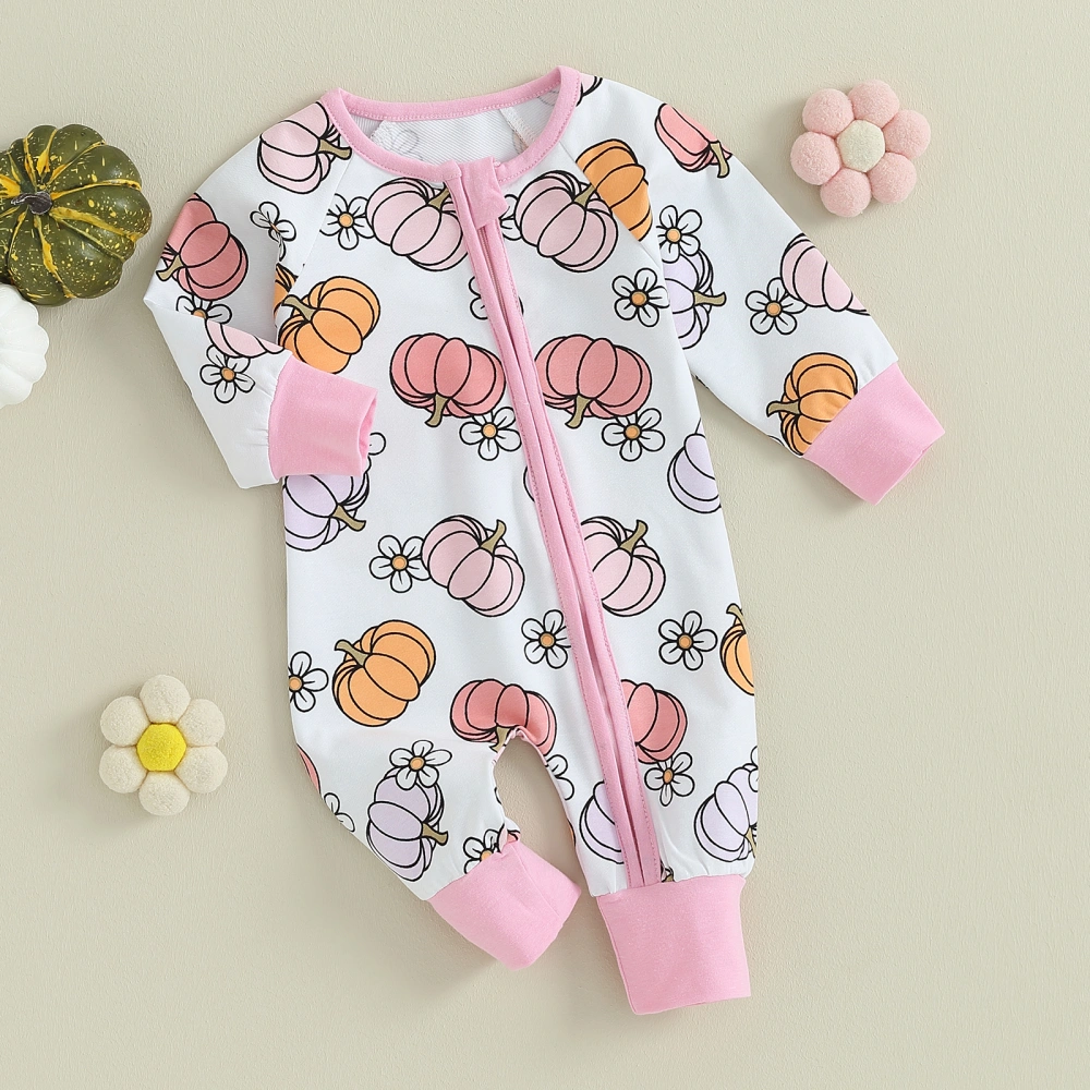 Baby Girls Long Sleeve Floral Pumpkin Print Oblique Zipper Jumpsuit