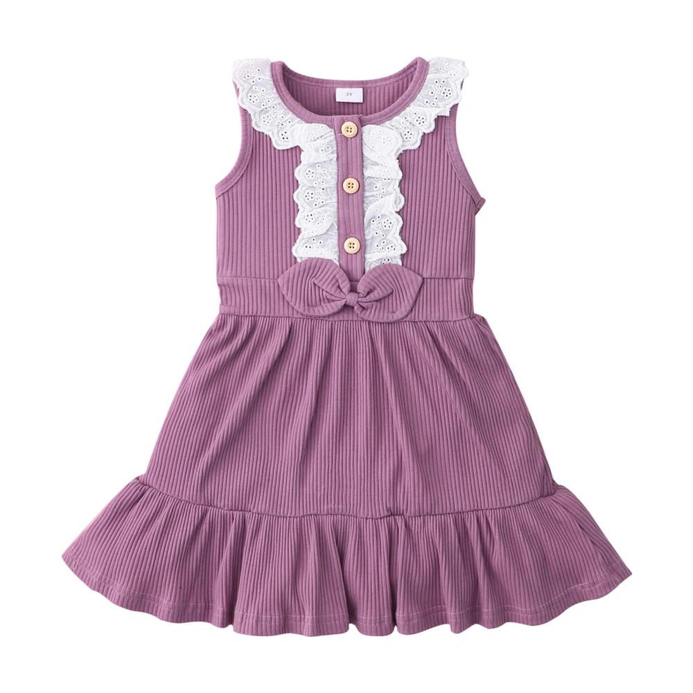 Girl’s Solid Color Lace Trim Round Neck Bow Sleeveless A-line Dress