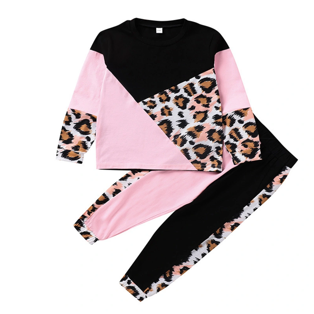 Girls Leopard Print Clothes Set, Contrast Color T-shirt+Long Pants