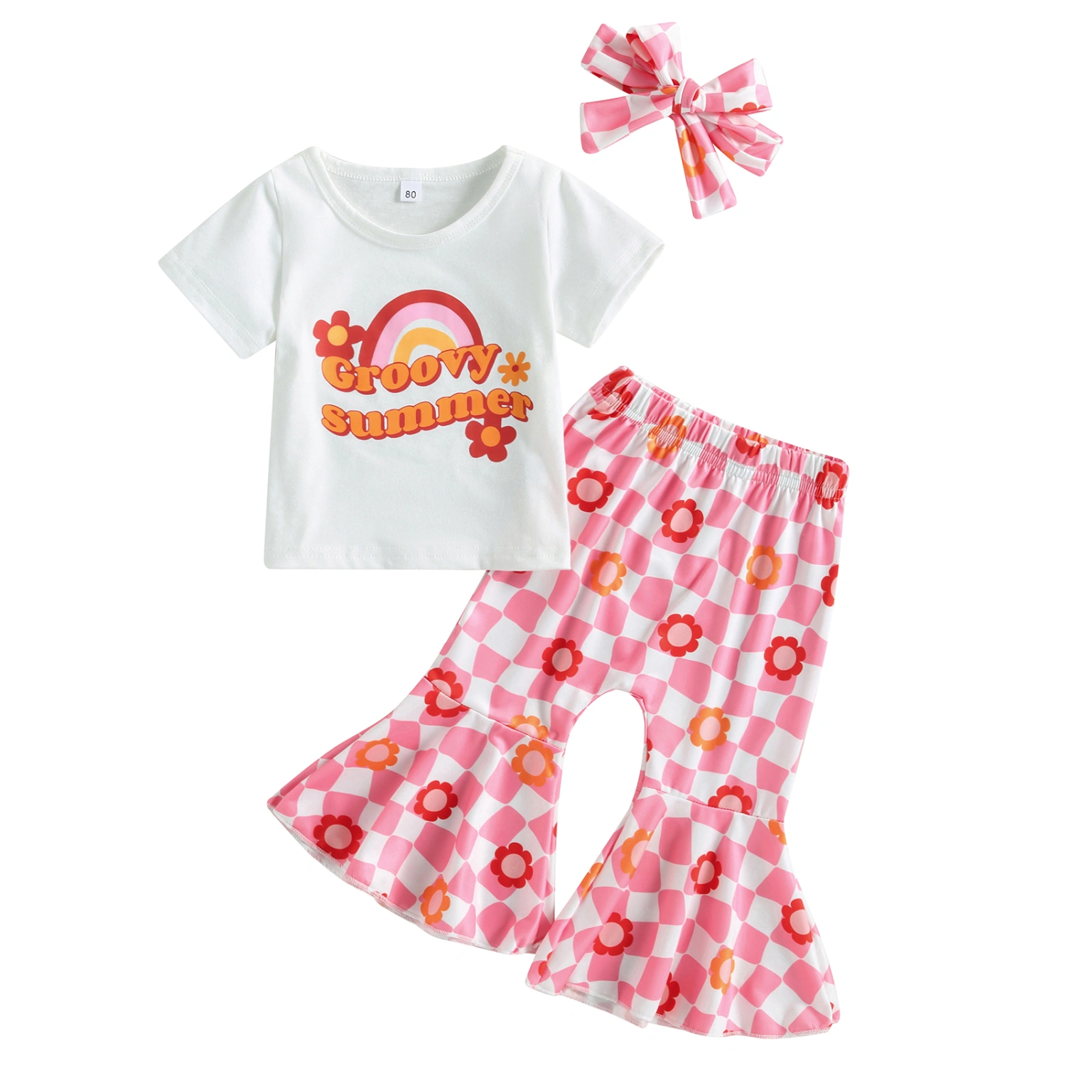 Girls Summer Outfits Letter Print T-shirt and Flare Pants Headbands 