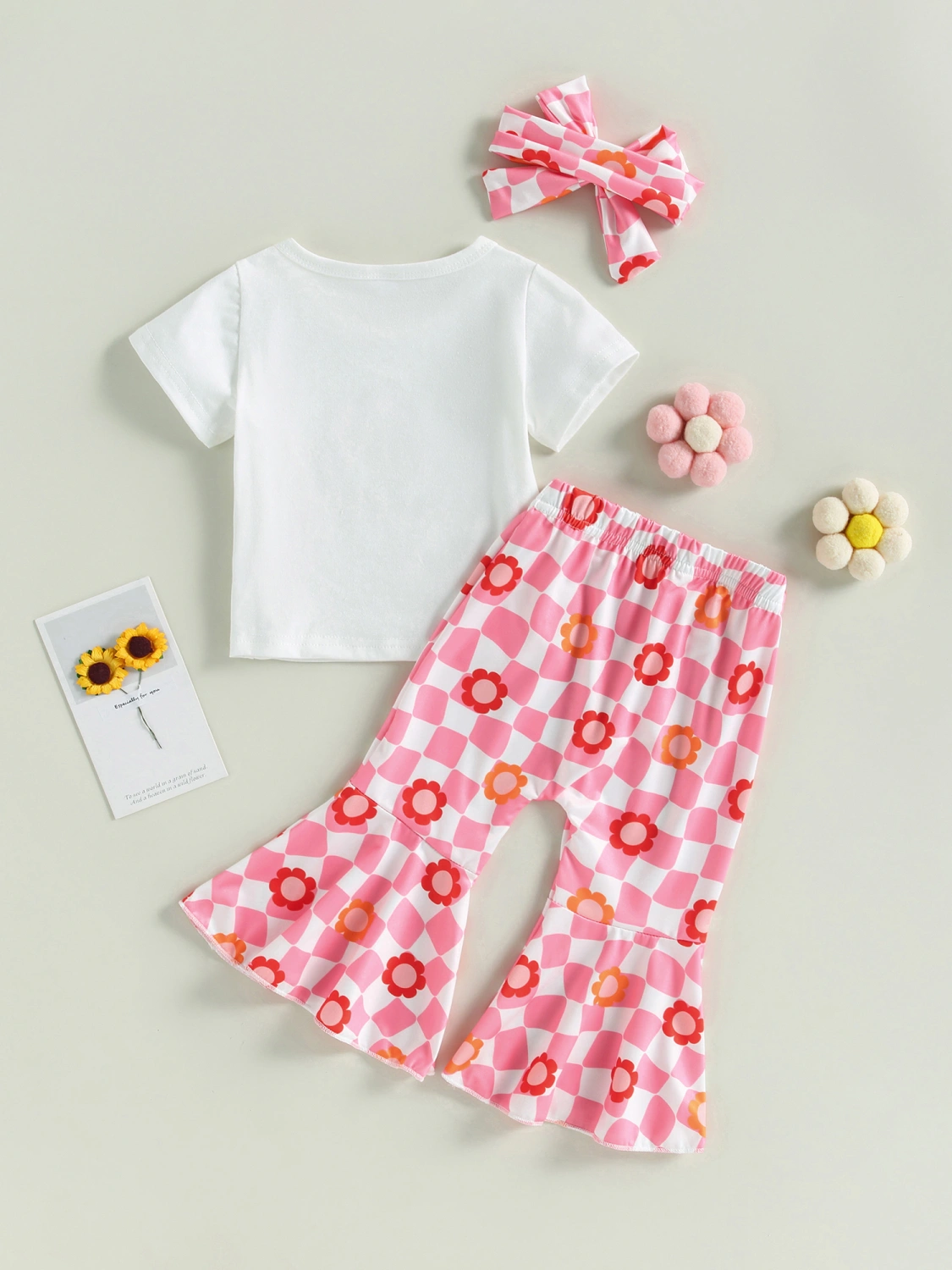 Girls Summer Outfits Letter Print T-shirt and Flare Pants Headbands 