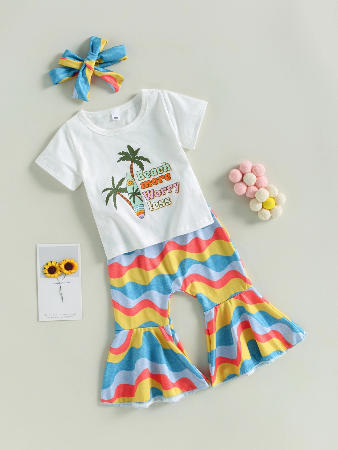 Girls Summer Outfits Letter Print T-shirt and Flare Pants Headbands 