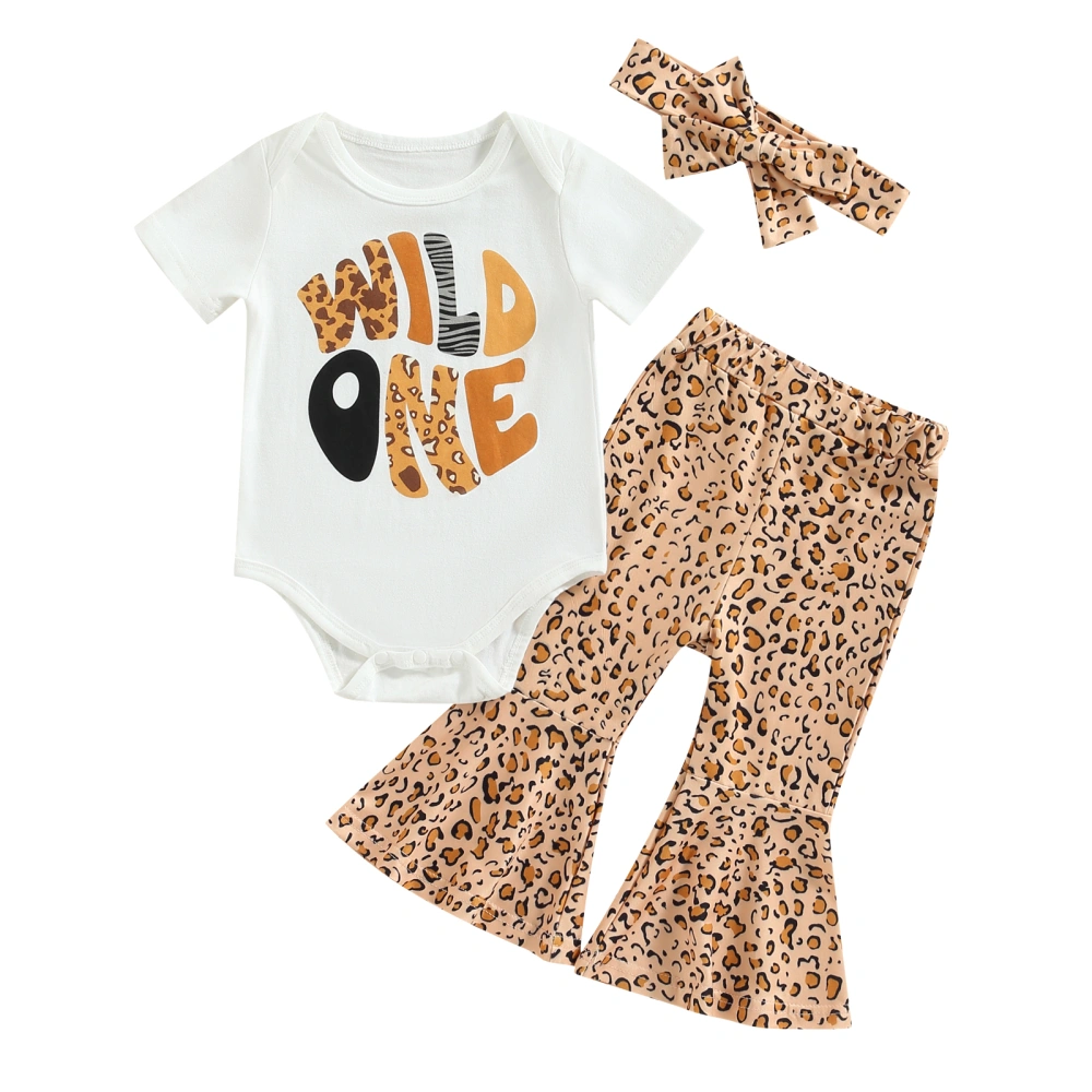 3Pcs Baby Girl Spring Outfits, Romper + Leopard Flare Pants + Headband