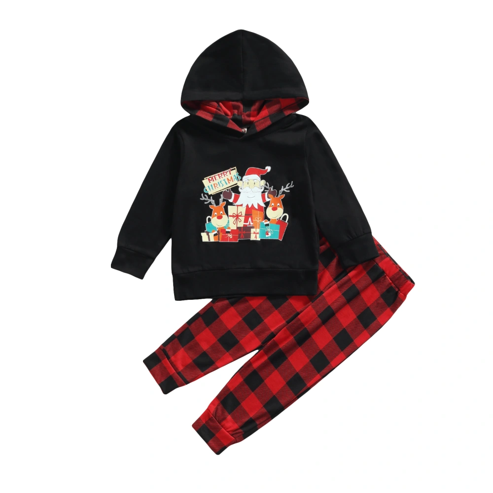 Baby Hooded Sweater + Trousers, Santa Cartoon Print Plaid Pattern