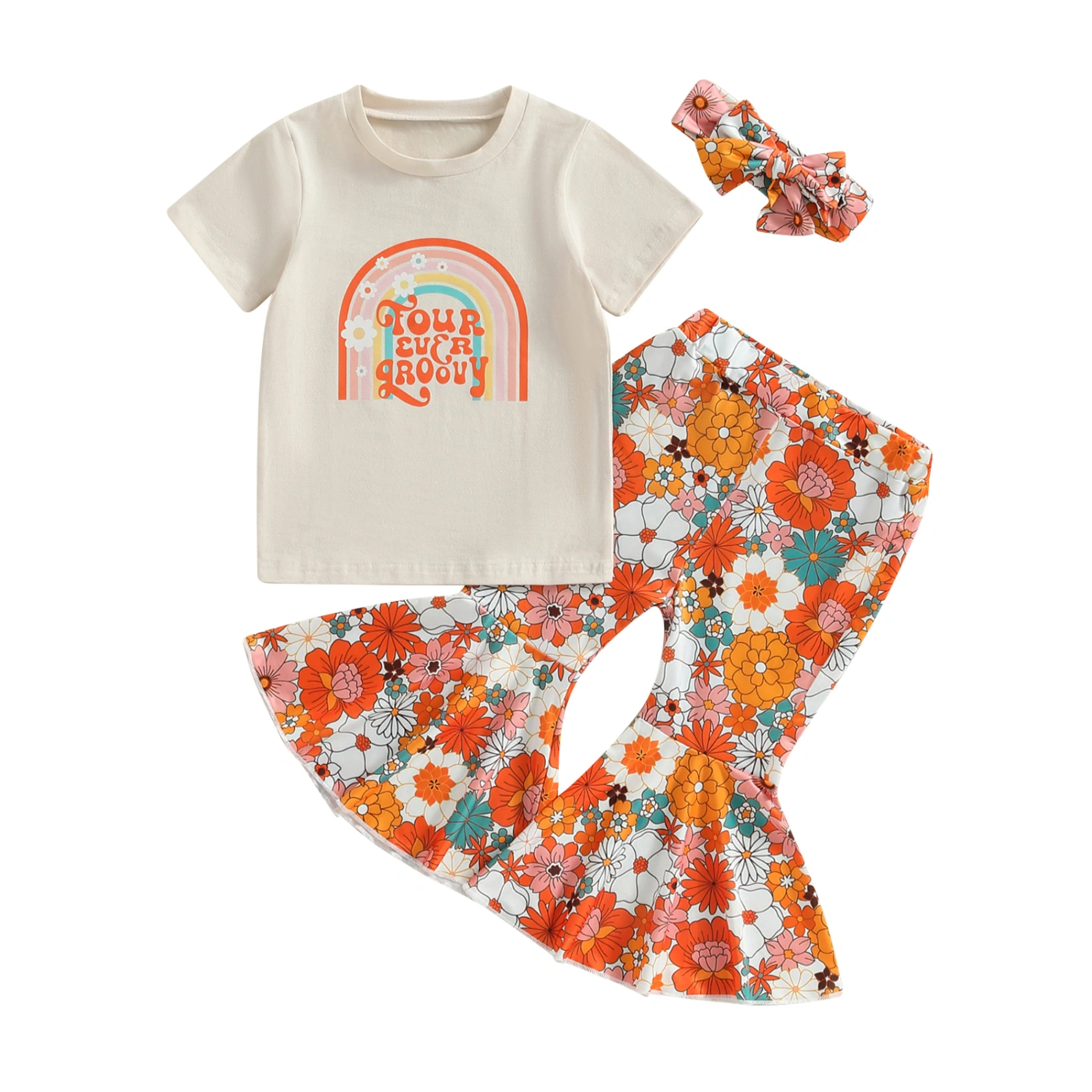 Toddler Girl Birthday Outfits, Rainbow Print Tops + Flare Pants Set